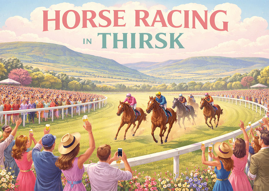 Thirsk Racecourse — horses racing with Hambleton Hills backdrop